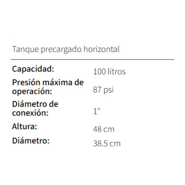 TANQUE PRECARGADO HORIZONTAL 100 LTS - Imagen 2